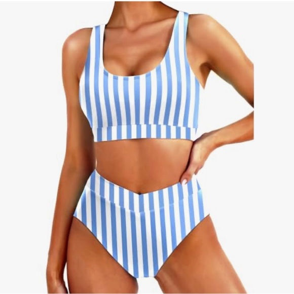 Blue and White Striped Women's Swimwear Set Size Large - Picture 1 of 7